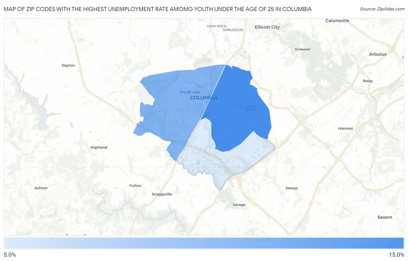 Zip Codes with the Highest Unemployment Rate Amomg Youth Under the Age of 25 in Columbia Map