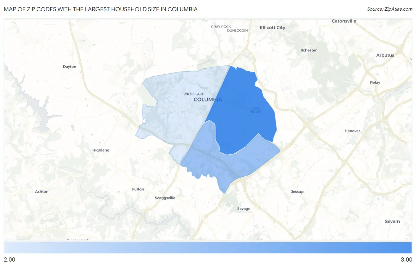 Zip Codes with the Largest Household Size in Columbia Map