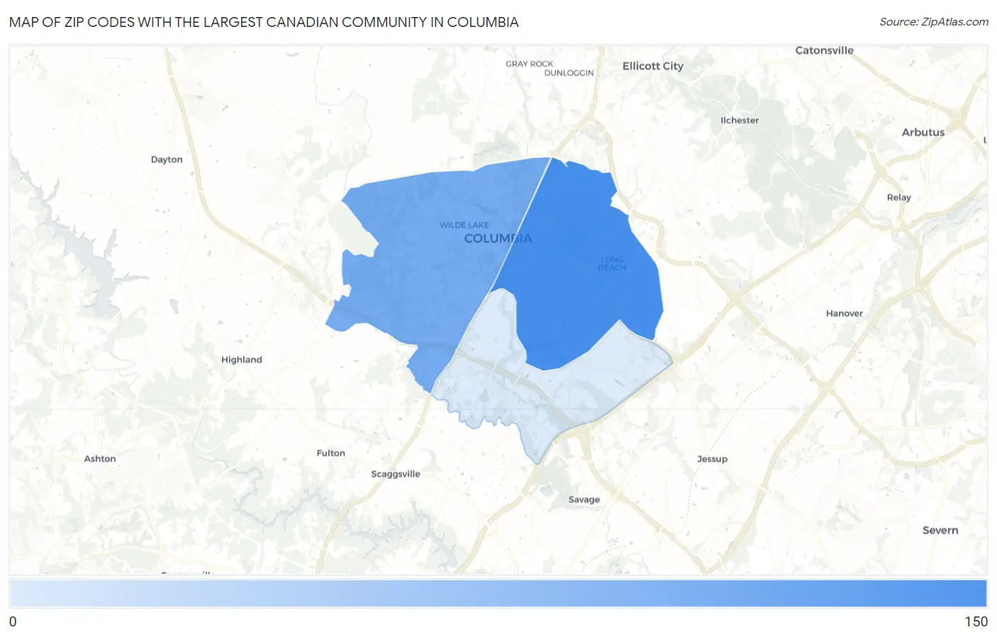 Zip Codes with the Largest Canadian Community in Columbia Map