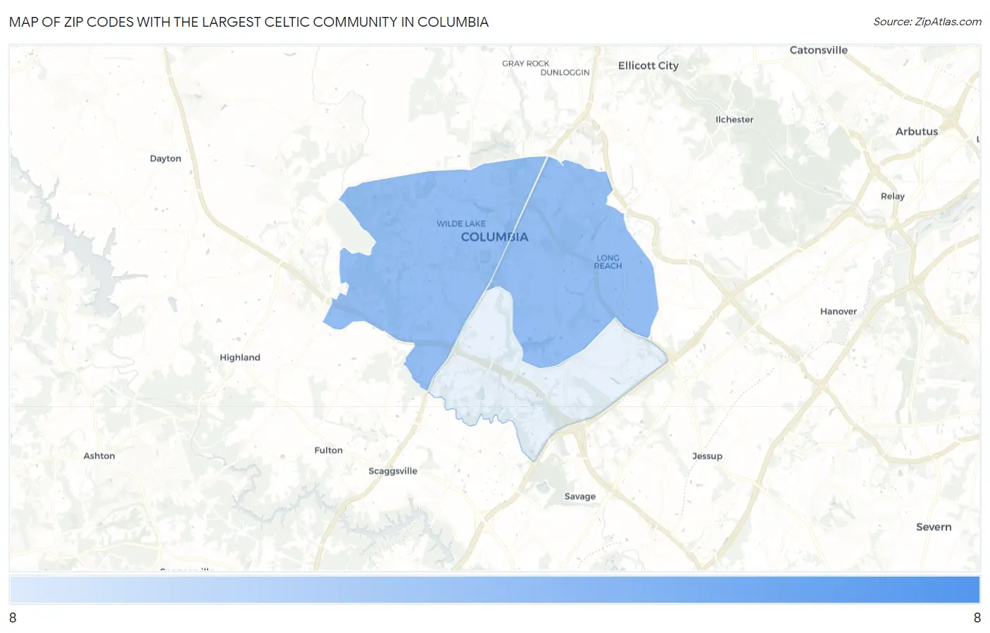 Zip Codes with the Largest Celtic Community in Columbia Map