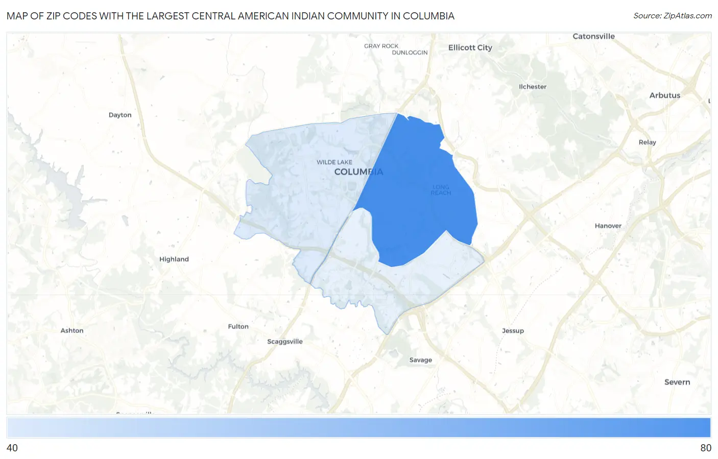 Zip Codes with the Largest Central American Indian Community in Columbia Map