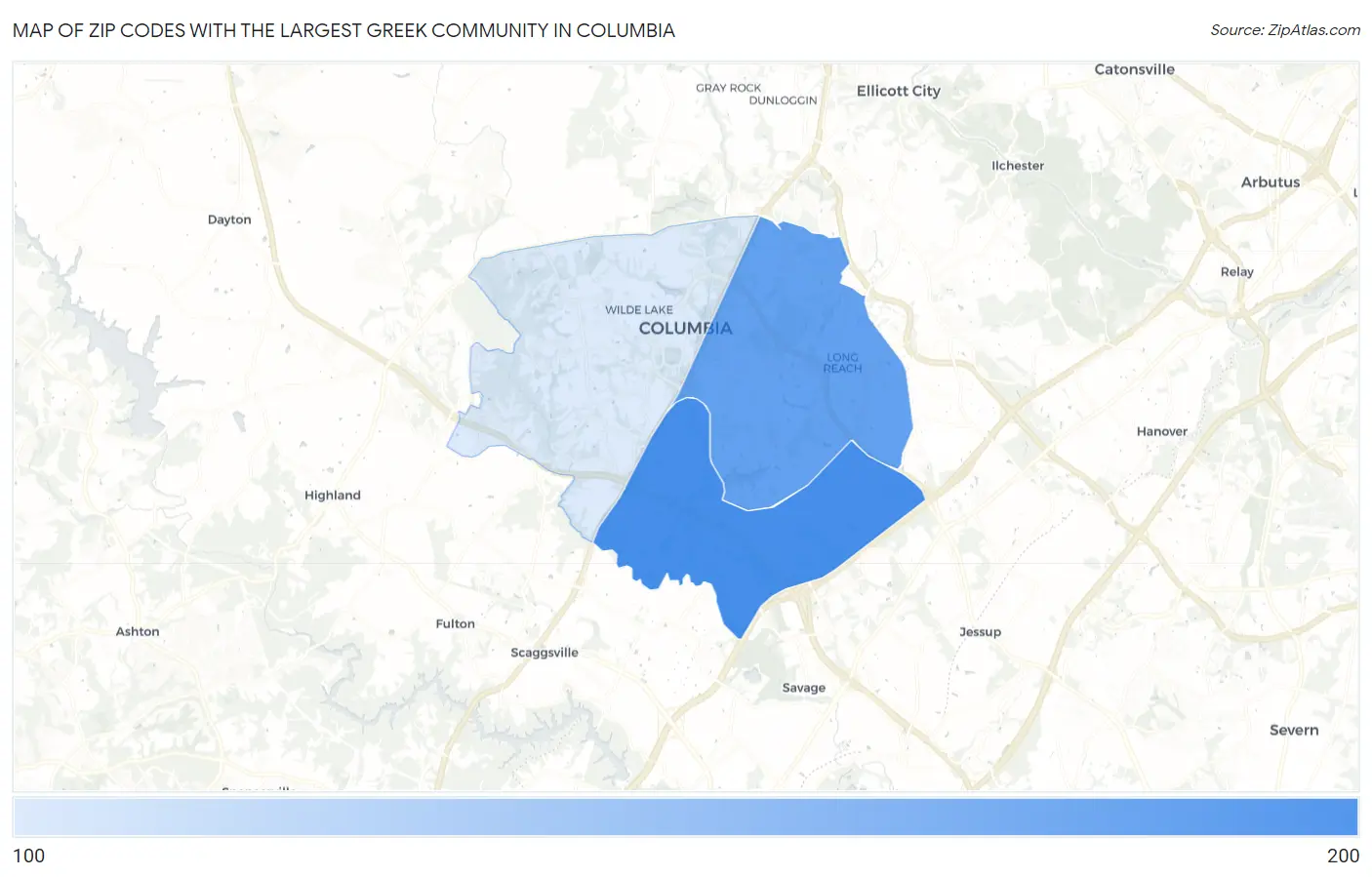 Zip Codes with the Largest Greek Community in Columbia Map