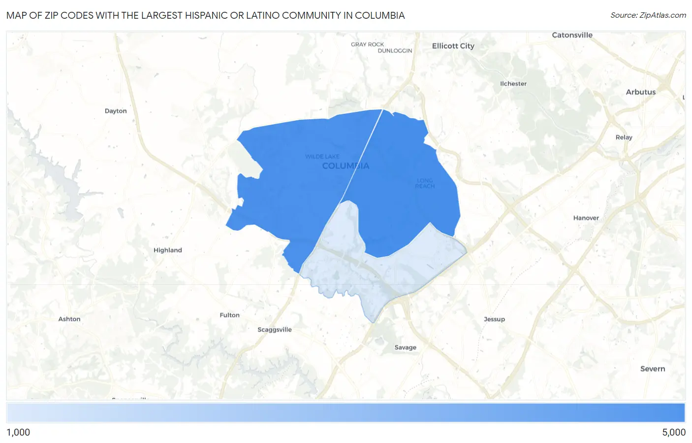 Zip Codes with the Largest Hispanic or Latino Community in Columbia Map
