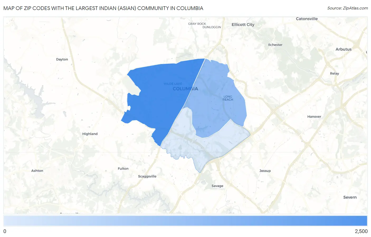Zip Codes with the Largest Indian (Asian) Community in Columbia Map