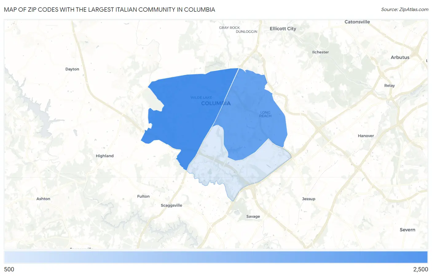 Zip Codes with the Largest Italian Community in Columbia Map