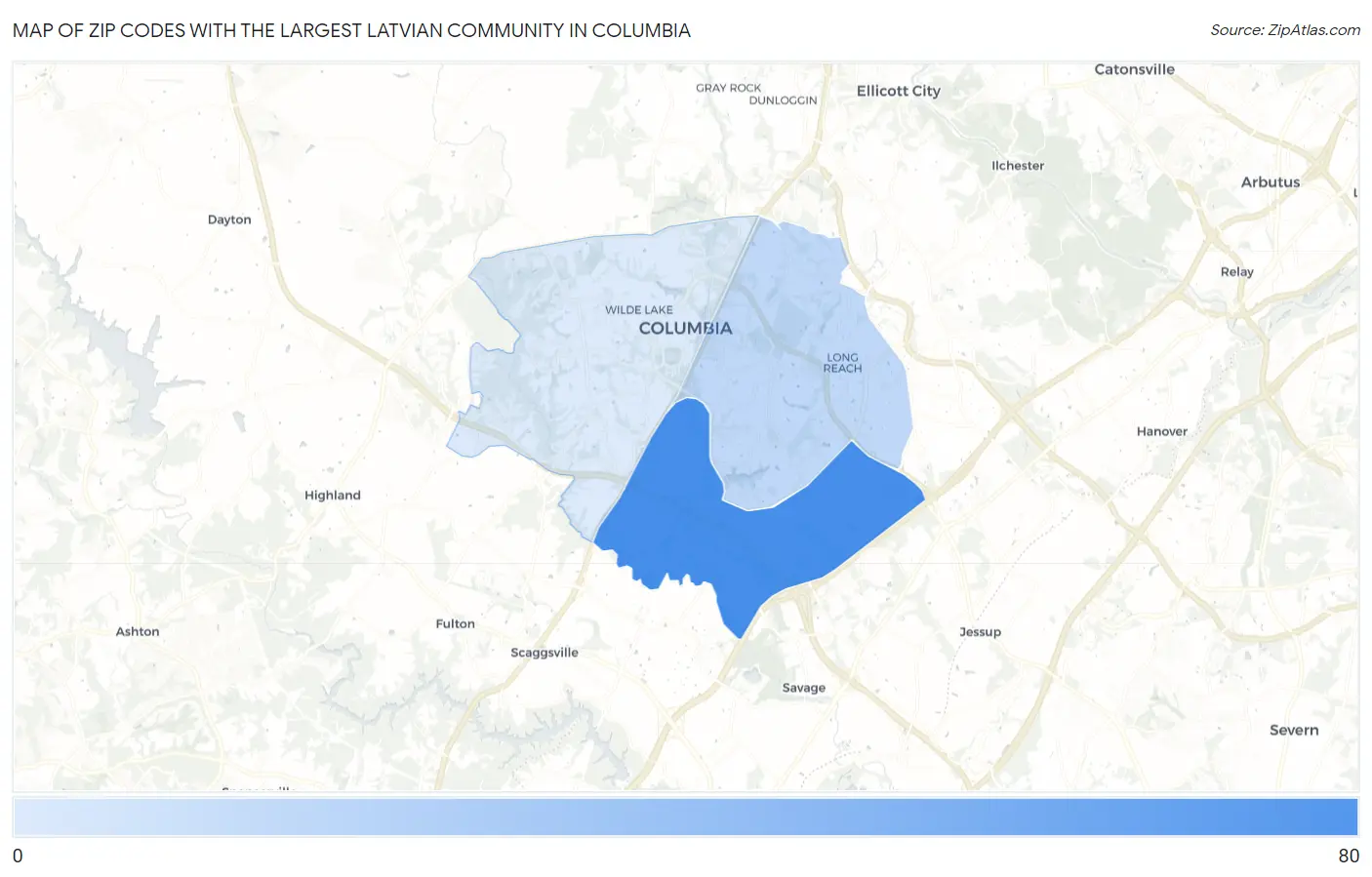 Zip Codes with the Largest Latvian Community in Columbia Map