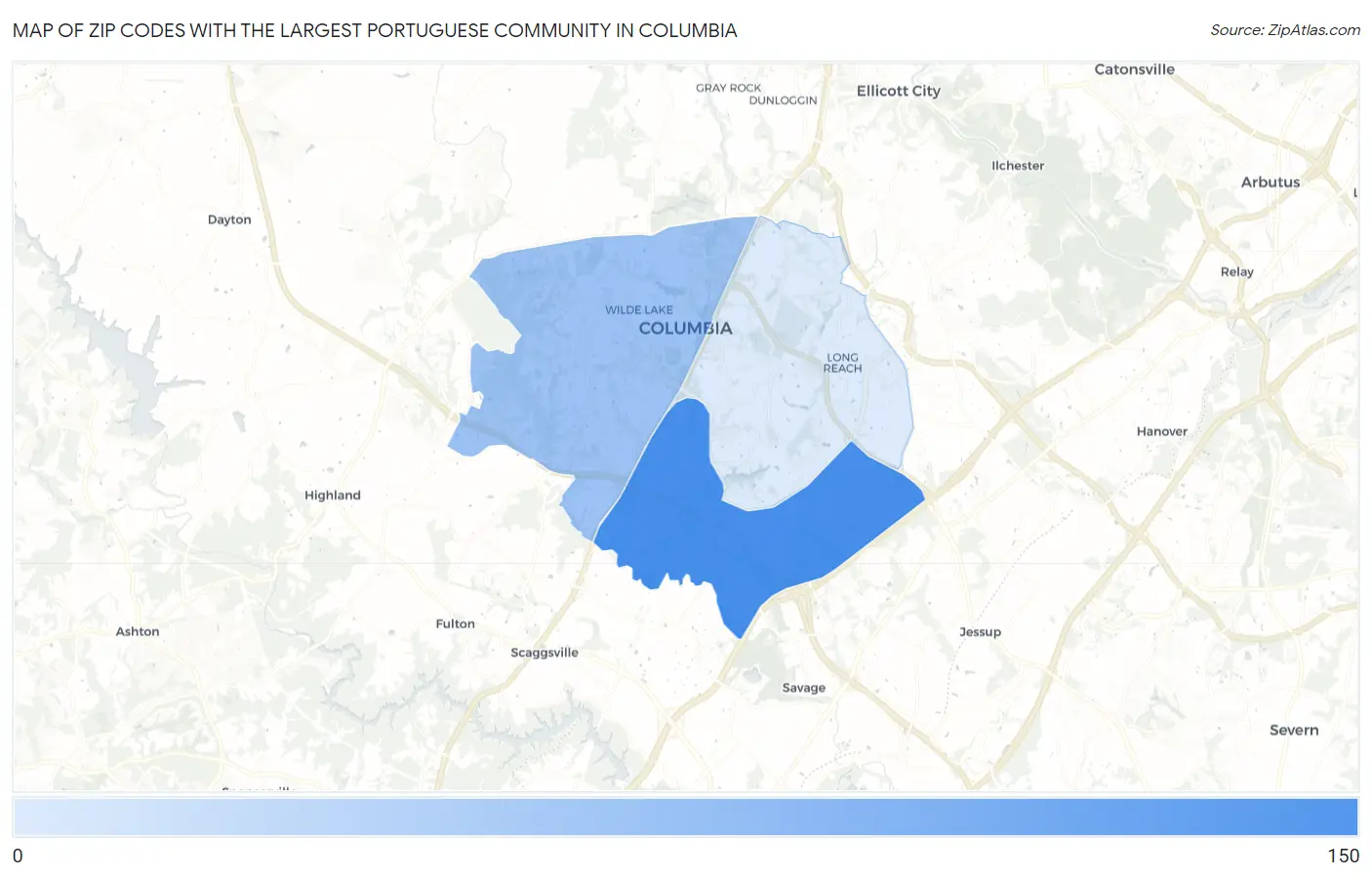 Zip Codes with the Largest Portuguese Community in Columbia Map