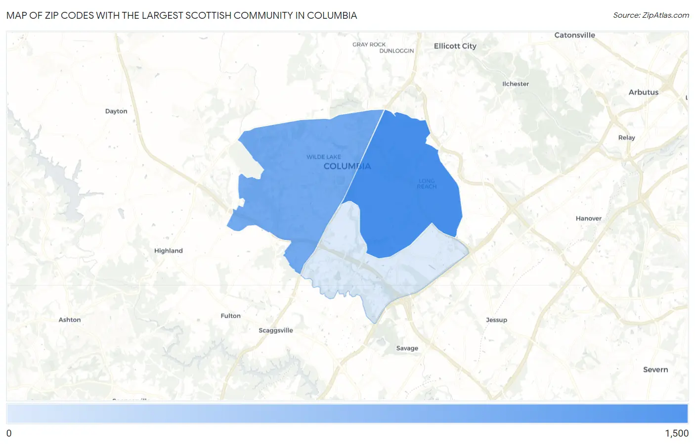 Zip Codes with the Largest Scottish Community in Columbia Map