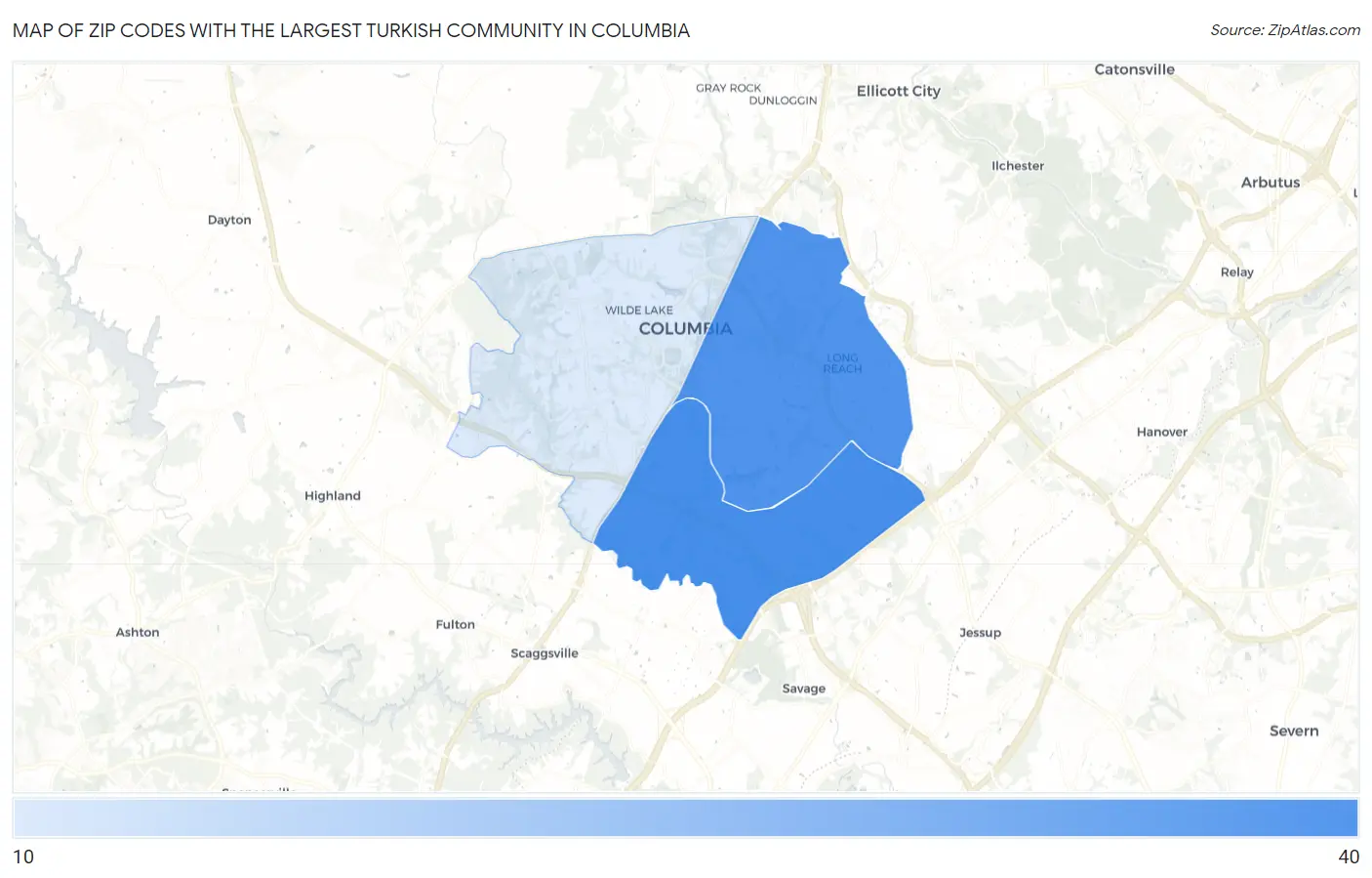 Zip Codes with the Largest Turkish Community in Columbia Map