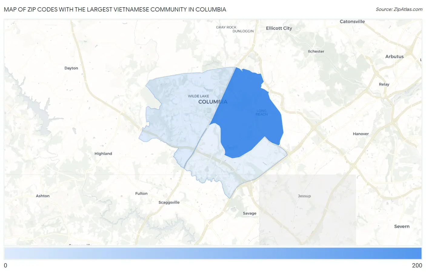 Zip Codes with the Largest Vietnamese Community in Columbia Map