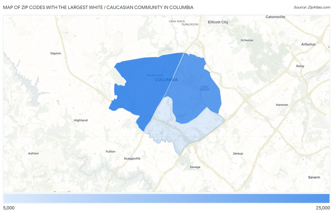 Zip Codes with the Largest White / Caucasian Community in Columbia Map