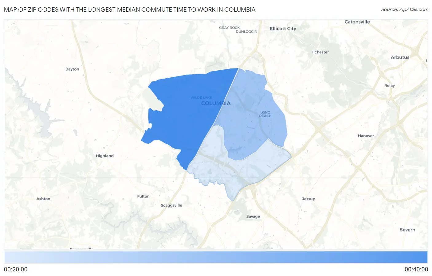 Zip Codes with the Longest Median Commute Time to Work in Columbia Map
