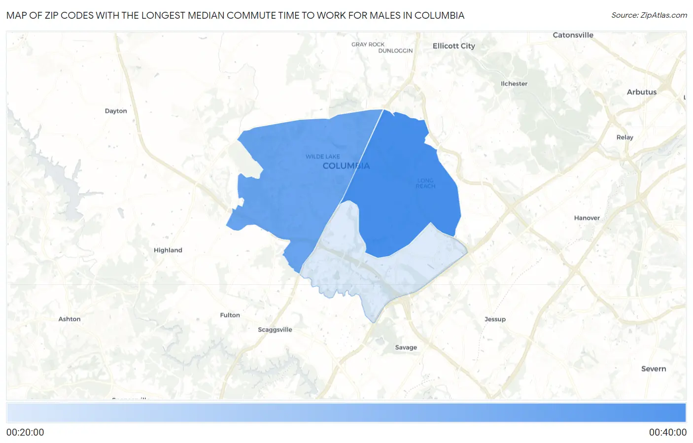 Zip Codes with the Longest Median Commute Time to Work for Males in Columbia Map
