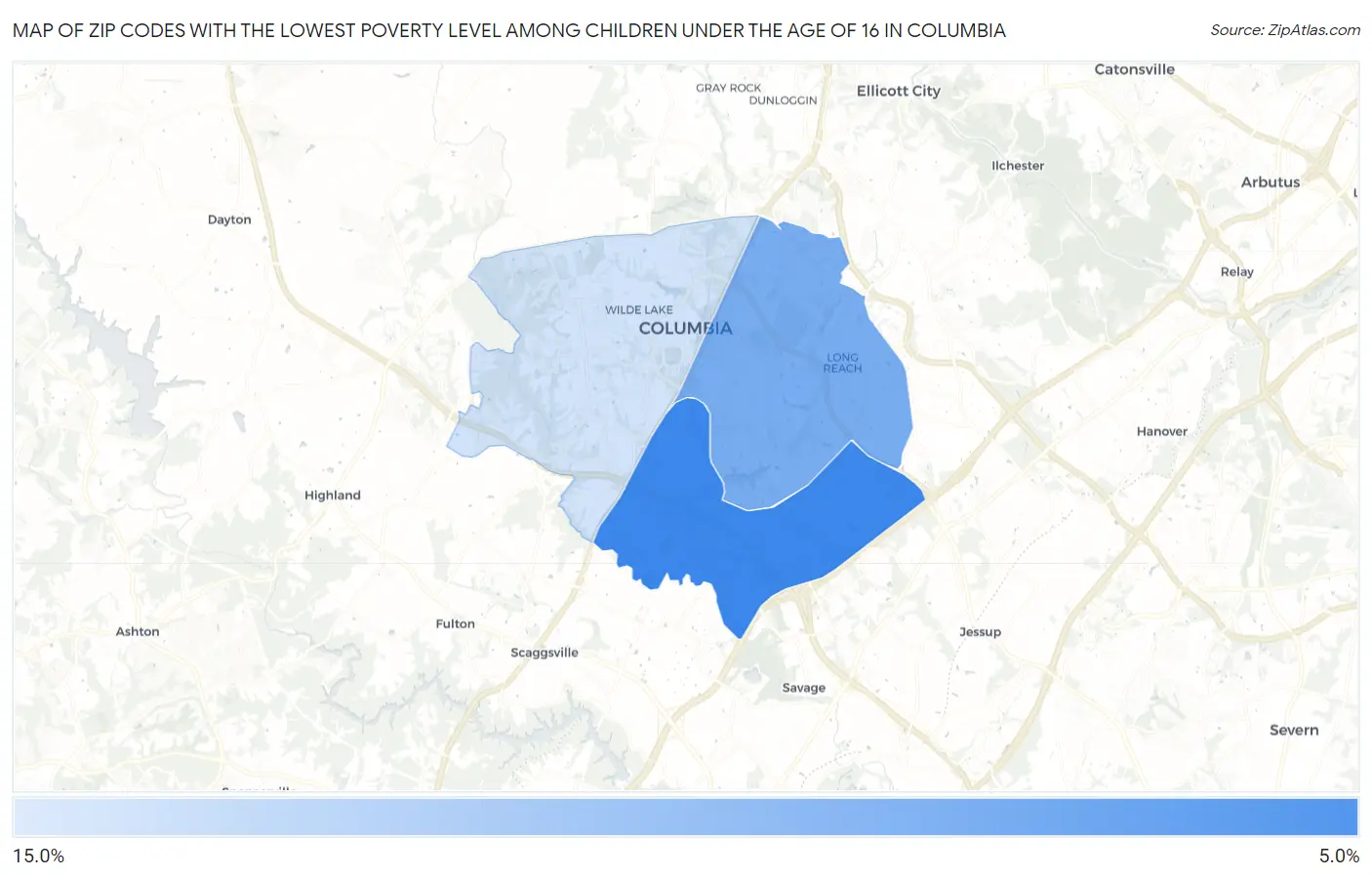 Zip Codes with the Lowest Poverty Level Among Children Under the Age of 16 in Columbia Map