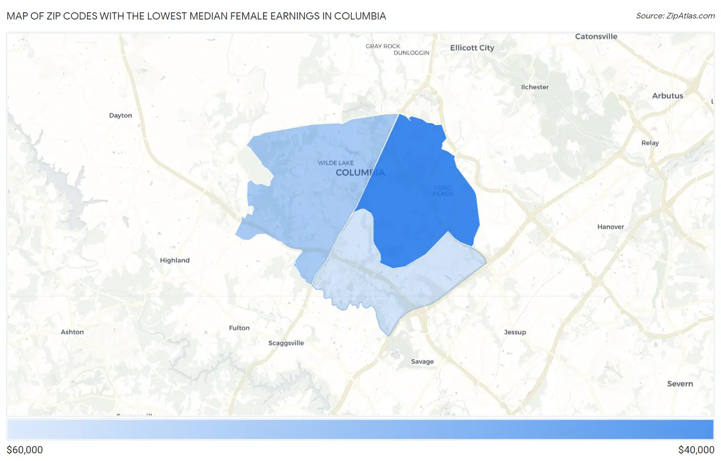 Zip Codes with the Lowest Median Female Earnings in Columbia Map
