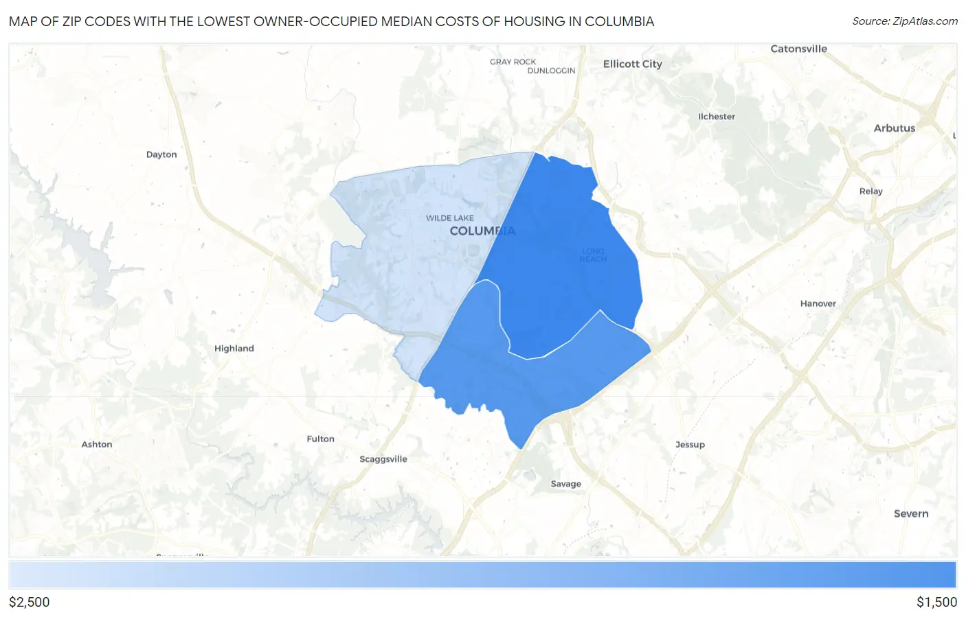 Zip Codes with the Lowest Owner-Occupied Median Costs of Housing in Columbia Map