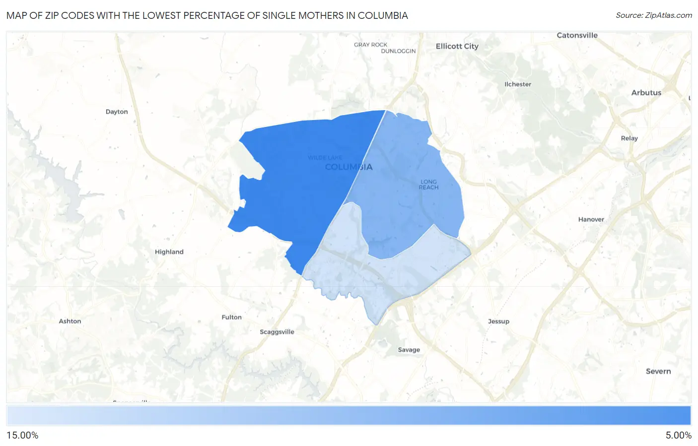 Zip Codes with the Lowest Percentage of Single Mothers in Columbia Map