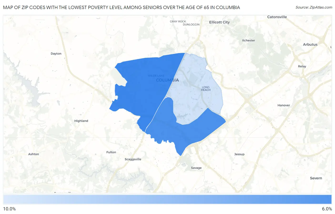 Zip Codes with the Lowest Poverty Level Among Seniors Over the Age of 65 in Columbia Map