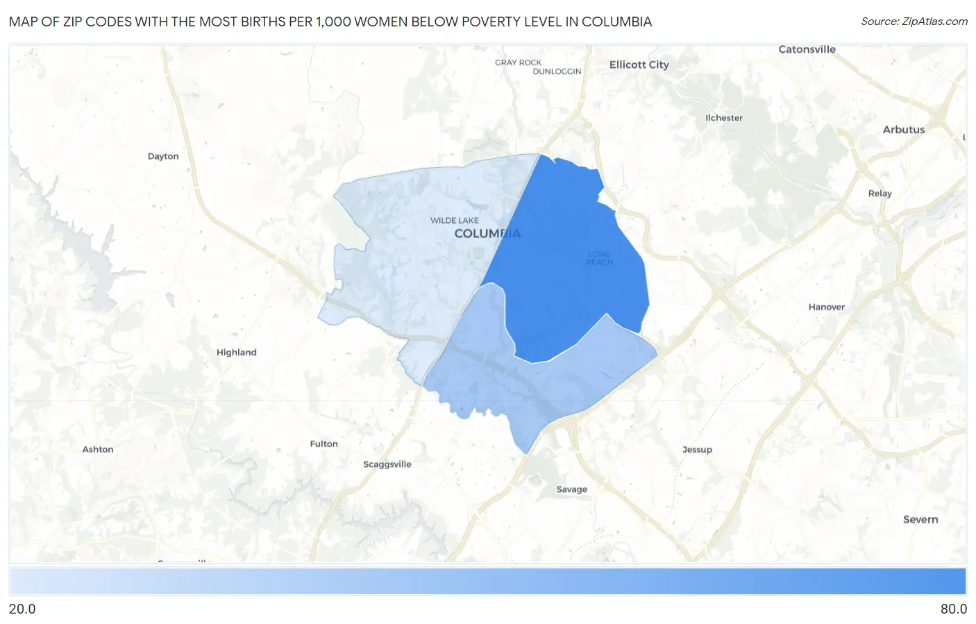 Zip Codes with the Most Births per 1,000 Women Below Poverty Level in Columbia Map