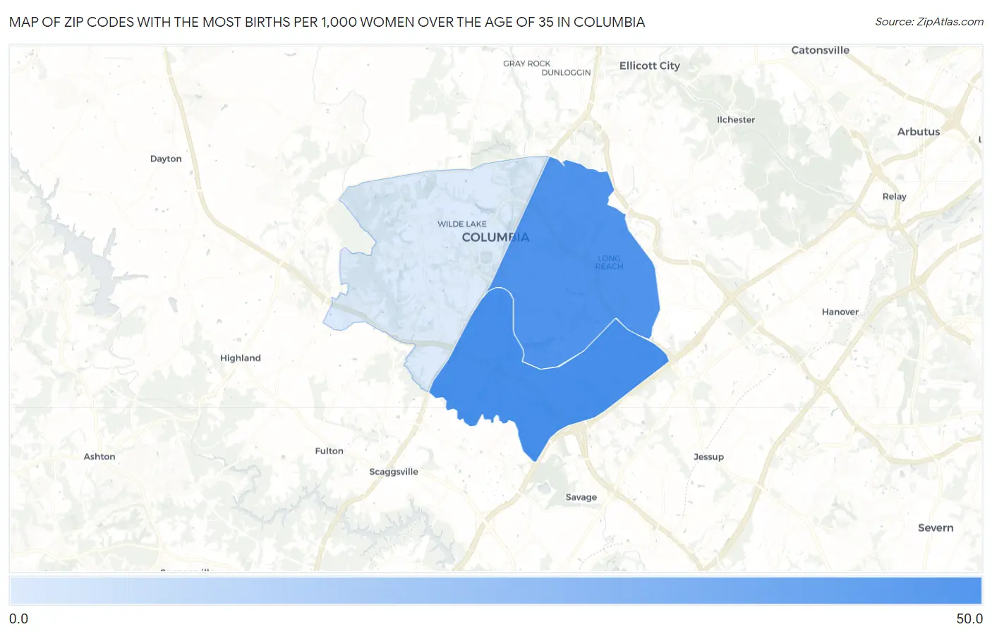 Zip Codes with the Most Births per 1,000 Women Over the Age of 35 in Columbia Map