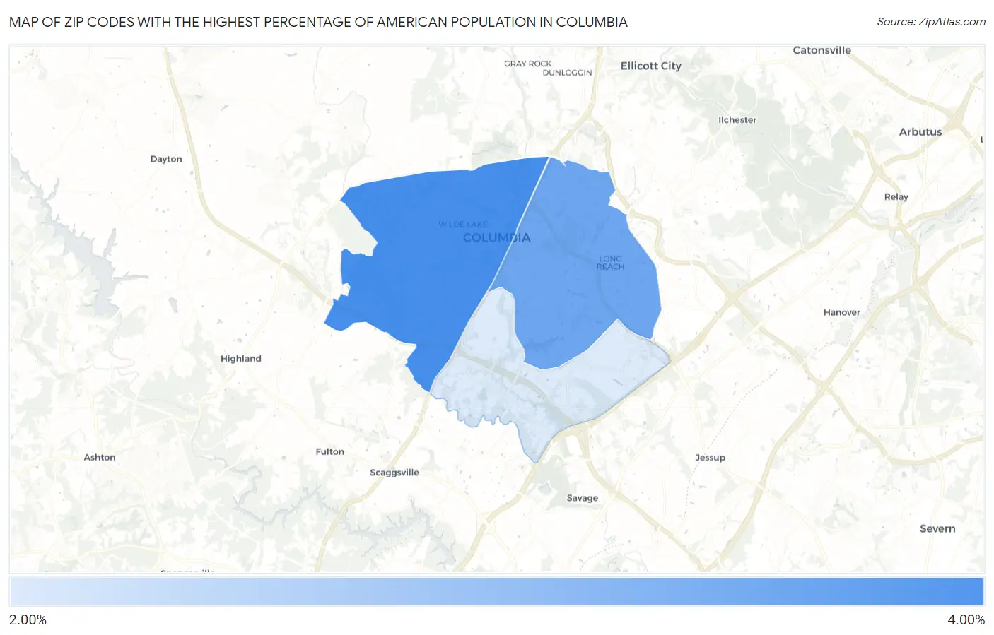 Zip Codes with the Highest Percentage of American Population in Columbia Map