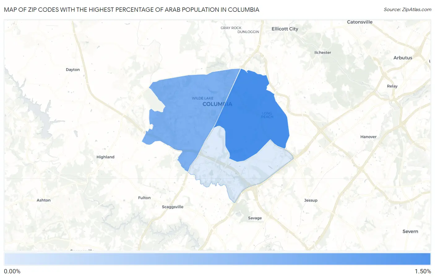 Zip Codes with the Highest Percentage of Arab Population in Columbia Map