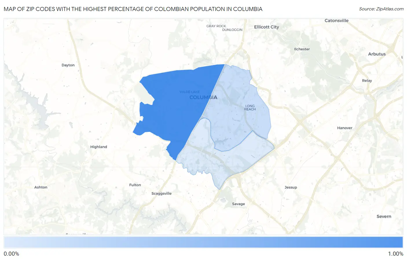 Zip Codes with the Highest Percentage of Colombian Population in Columbia Map