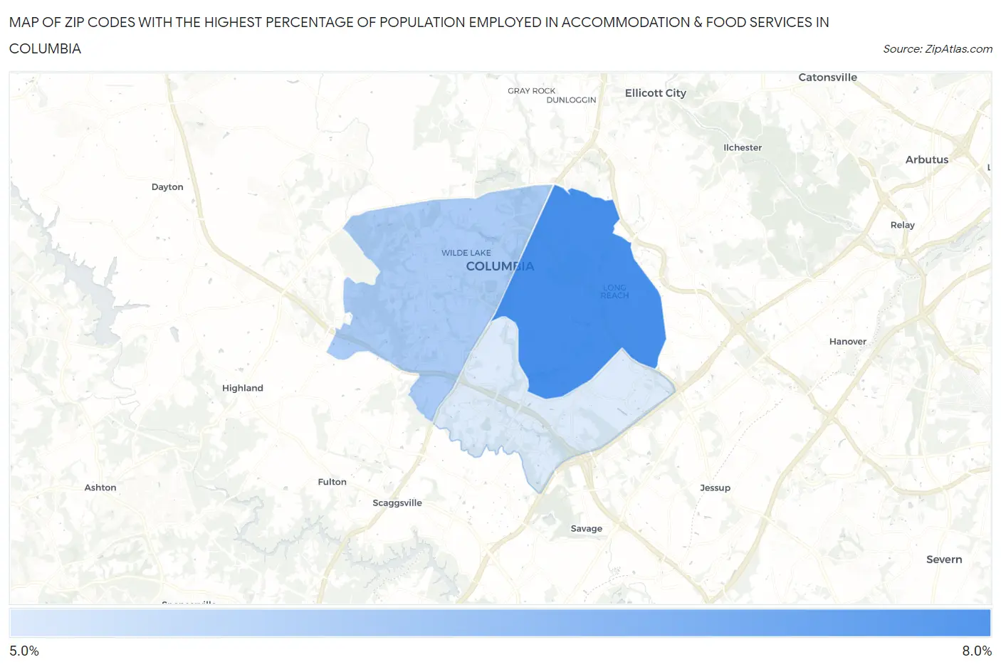 Zip Codes with the Highest Percentage of Population Employed in Accommodation & Food Services in Columbia Map