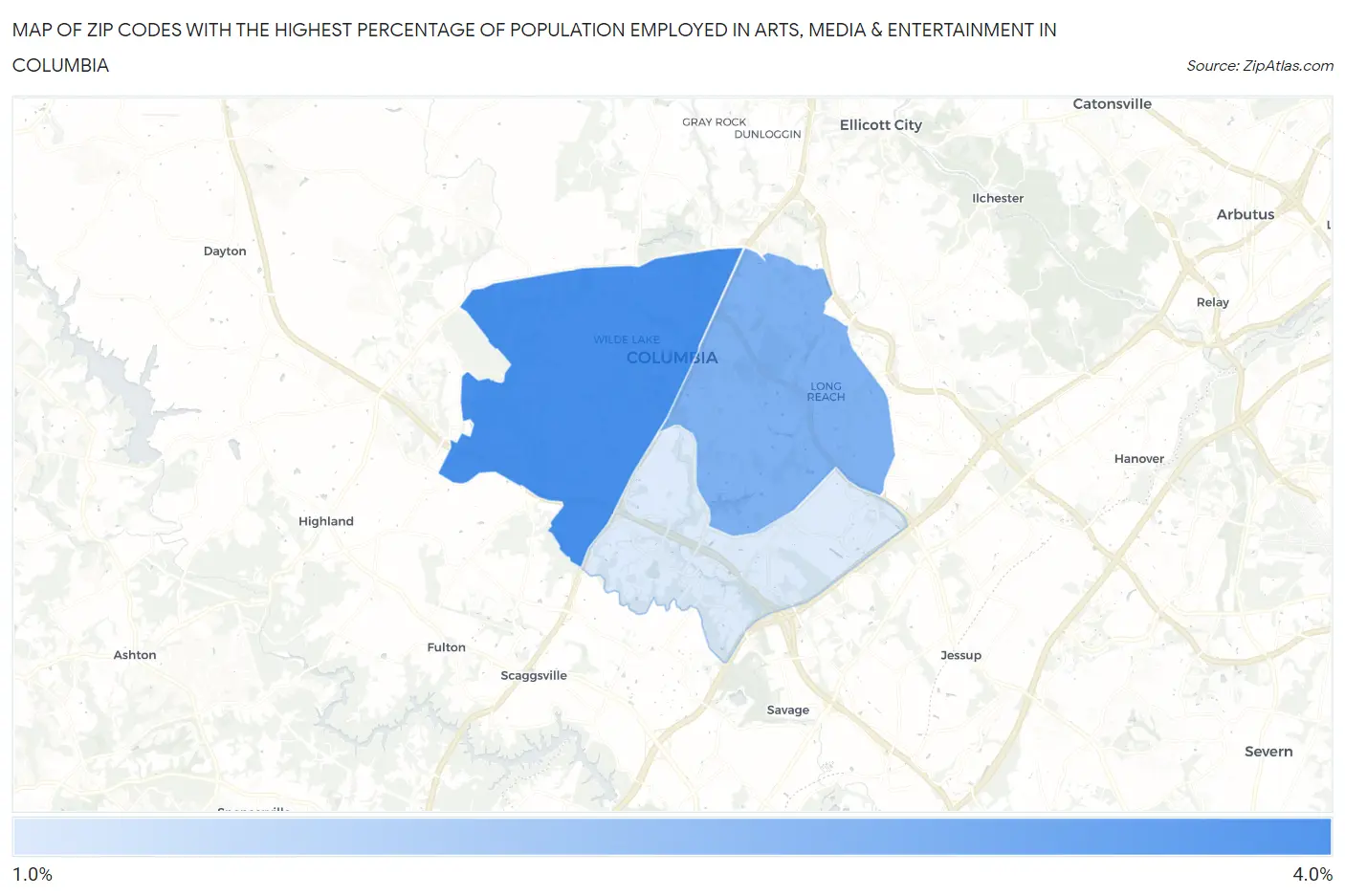 Zip Codes with the Highest Percentage of Population Employed in Arts, Media & Entertainment in Columbia Map