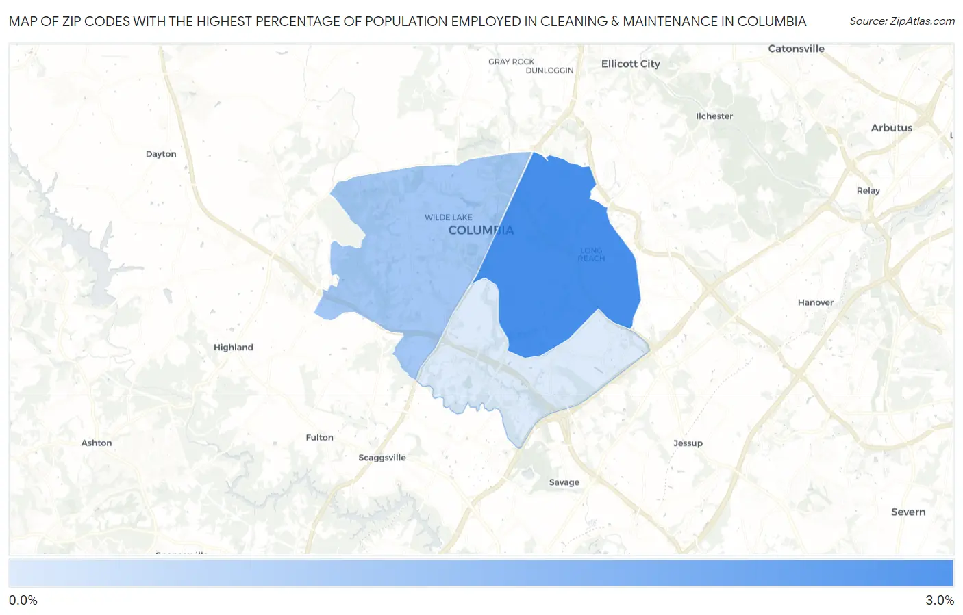 Zip Codes with the Highest Percentage of Population Employed in Cleaning & Maintenance in Columbia Map
