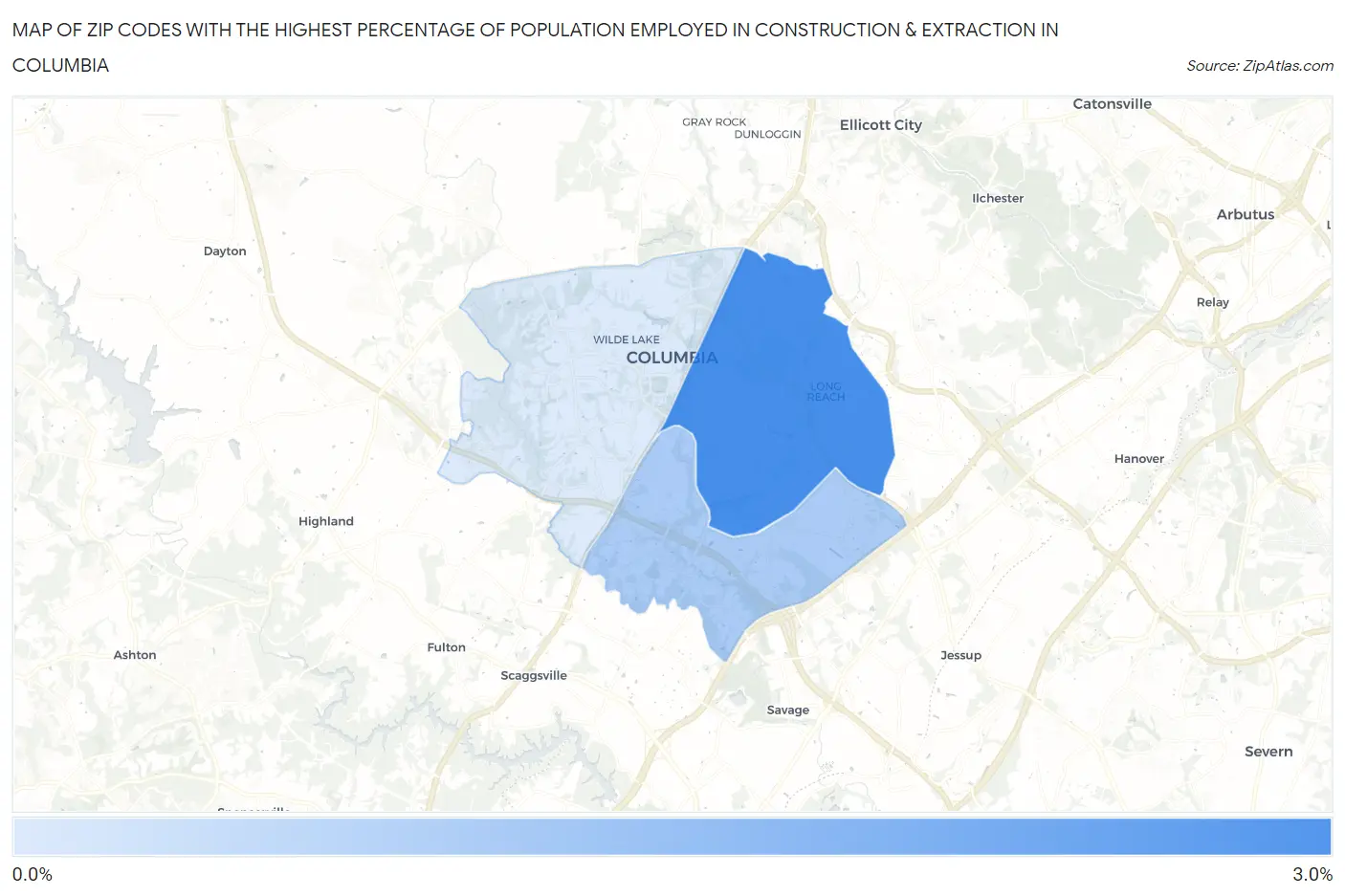 Zip Codes with the Highest Percentage of Population Employed in Construction & Extraction in Columbia Map