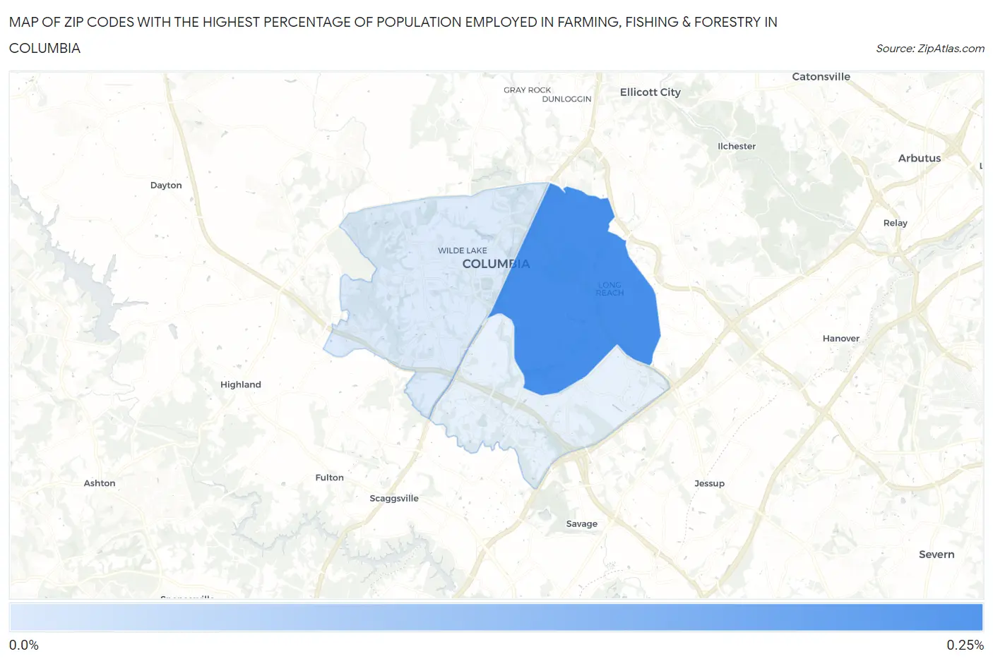 Zip Codes with the Highest Percentage of Population Employed in Farming, Fishing & Forestry in Columbia Map