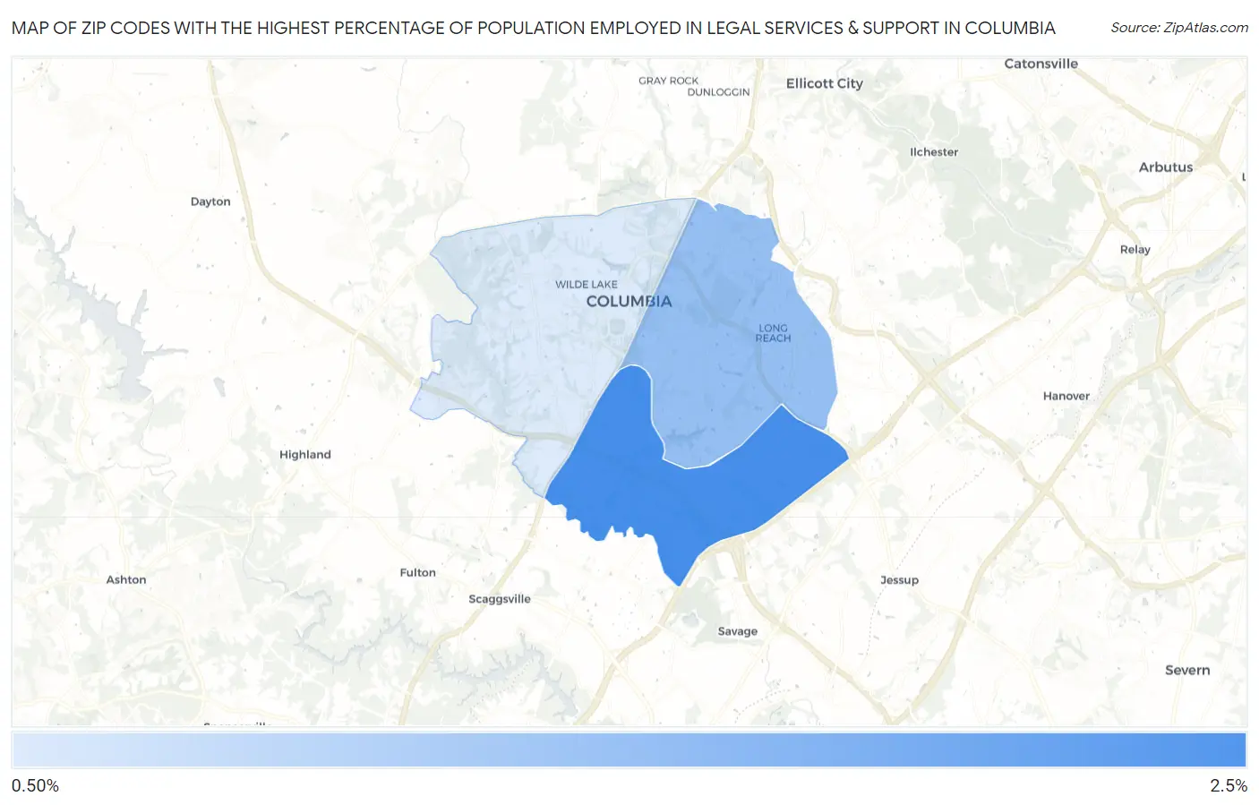 Zip Codes with the Highest Percentage of Population Employed in Legal Services & Support in Columbia Map
