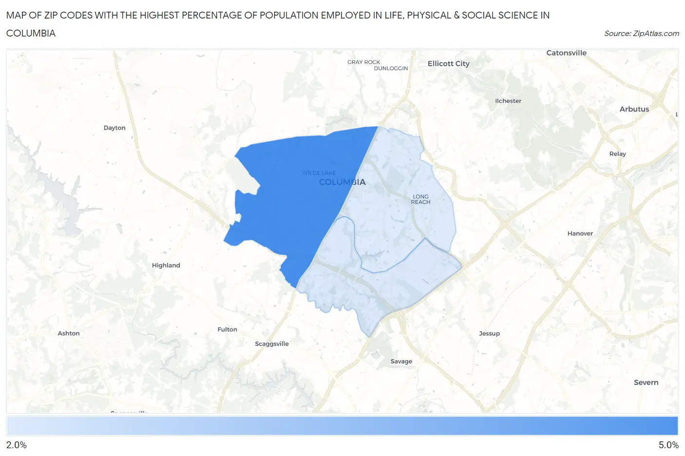Zip Codes with the Highest Percentage of Population Employed in Life, Physical & Social Science in Columbia Map