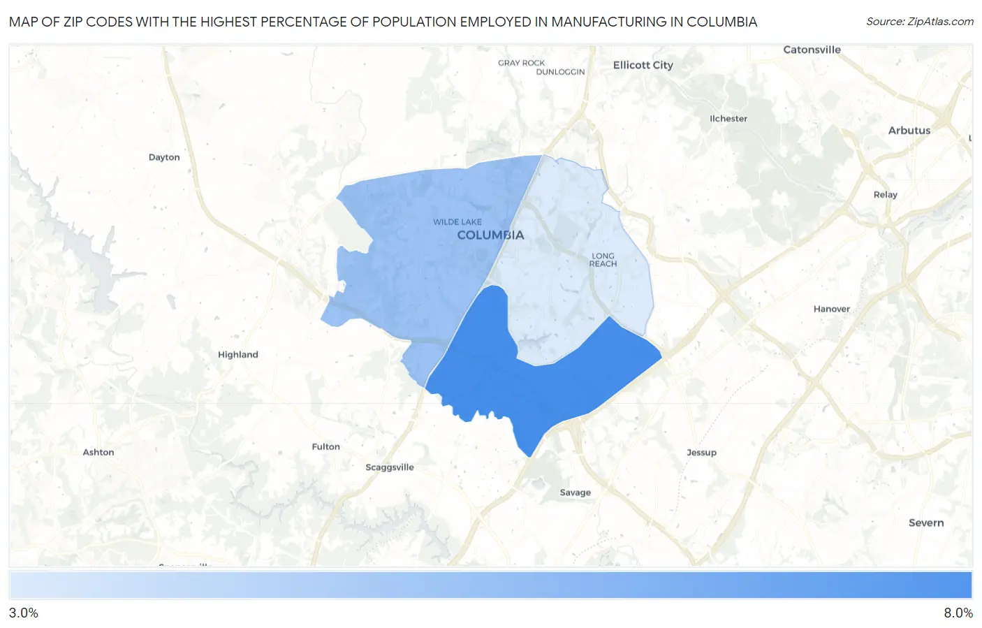 Zip Codes with the Highest Percentage of Population Employed in Manufacturing in Columbia Map