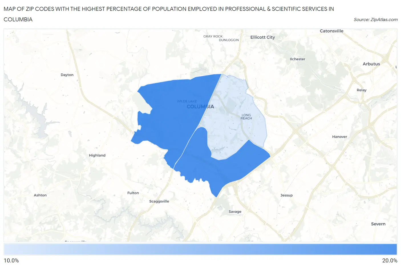 Zip Codes with the Highest Percentage of Population Employed in Professional & Scientific Services in Columbia Map
