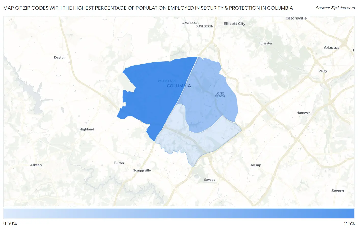 Zip Codes with the Highest Percentage of Population Employed in Security & Protection in Columbia Map