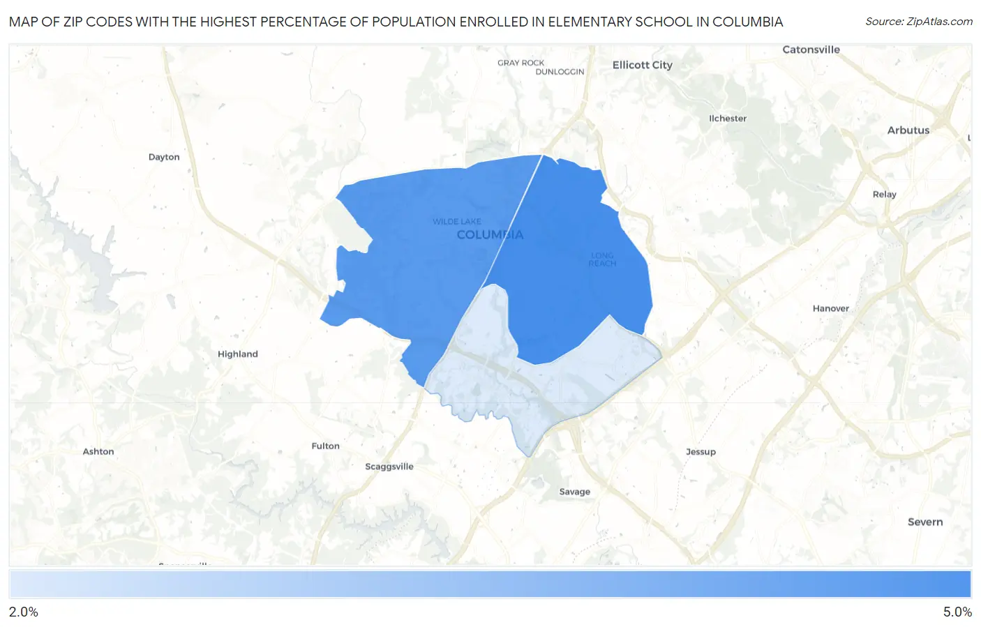 Zip Codes with the Highest Percentage of Population Enrolled in Elementary School in Columbia Map