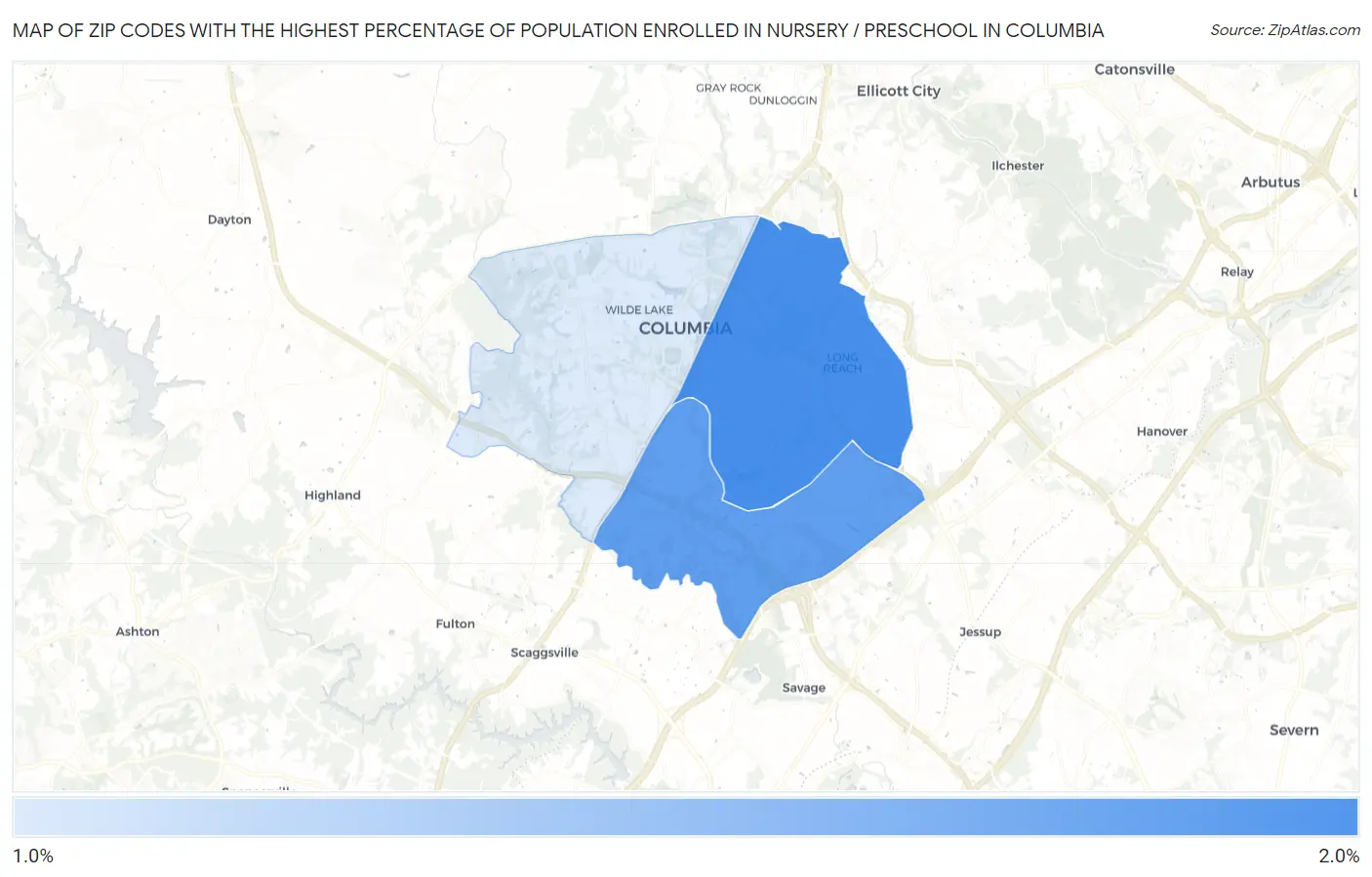 Zip Codes with the Highest Percentage of Population Enrolled in Nursery / Preschool in Columbia Map