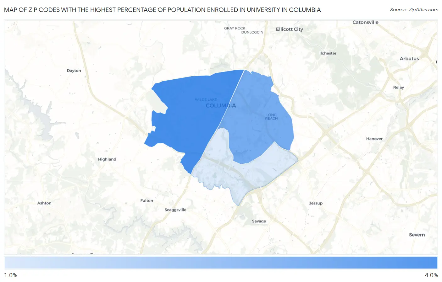 Zip Codes with the Highest Percentage of Population Enrolled in University in Columbia Map