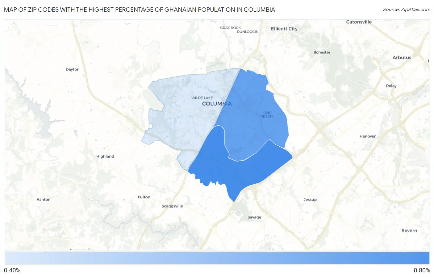 Zip Codes with the Highest Percentage of Ghanaian Population in Columbia Map