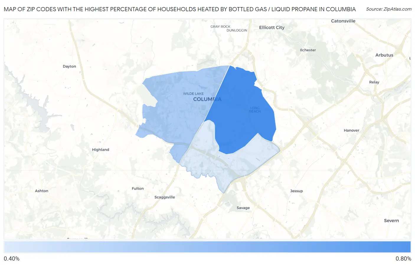 Zip Codes with the Highest Percentage of Households Heated by Bottled Gas / Liquid Propane in Columbia Map
