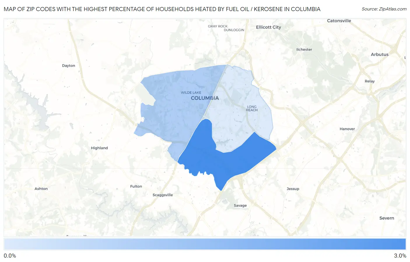 Zip Codes with the Highest Percentage of Households Heated by Fuel Oil / Kerosene in Columbia Map