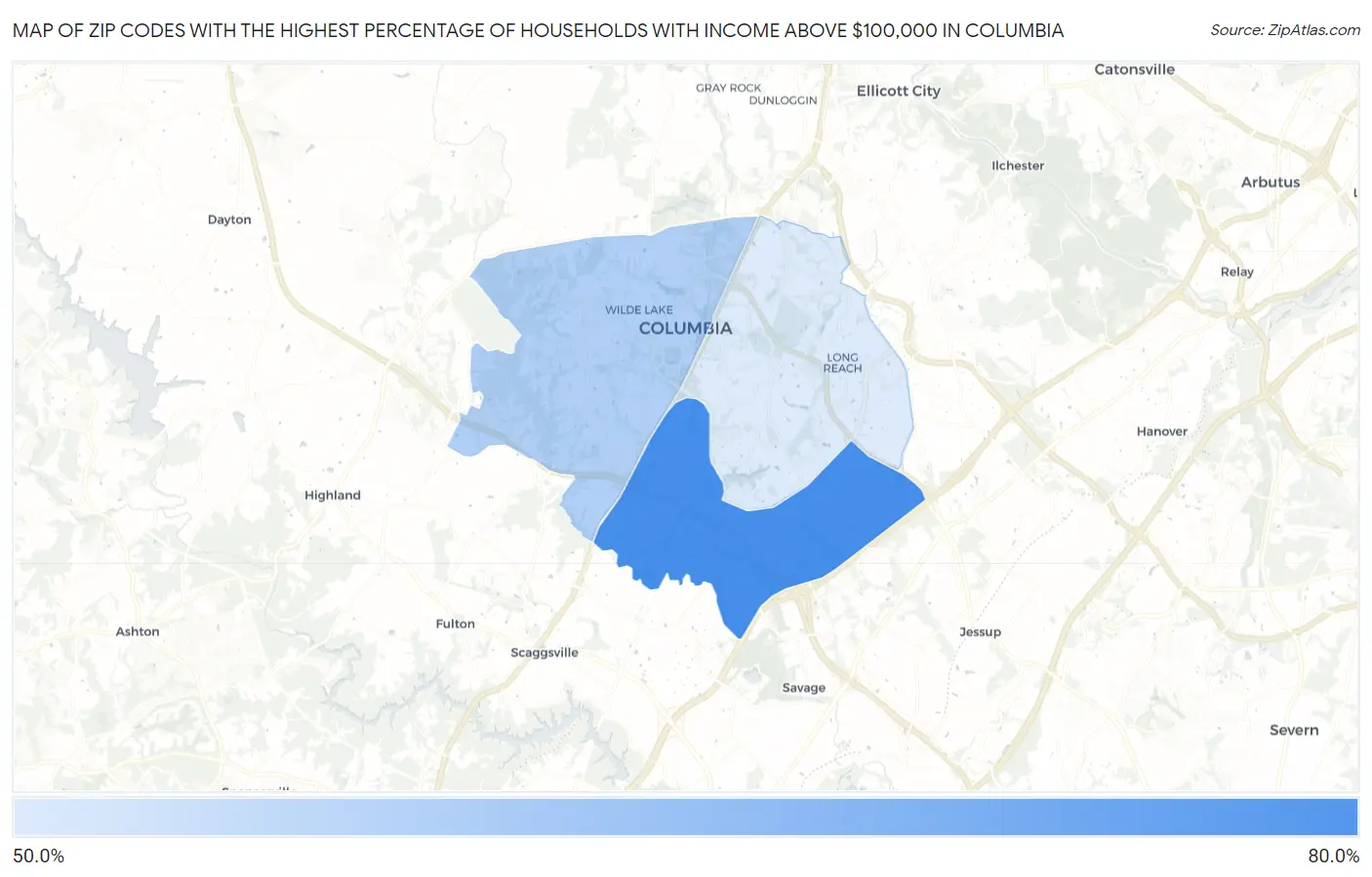 Zip Codes with the Highest Percentage of Households with Income Above $100,000 in Columbia Map