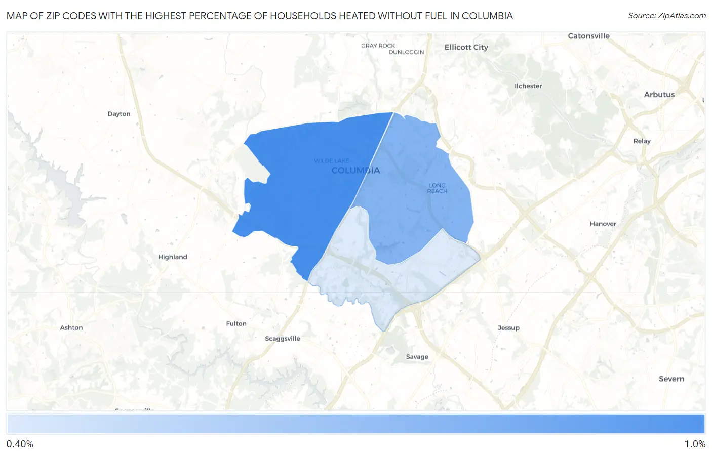 Zip Codes with the Highest Percentage of Households Heated without Fuel in Columbia Map