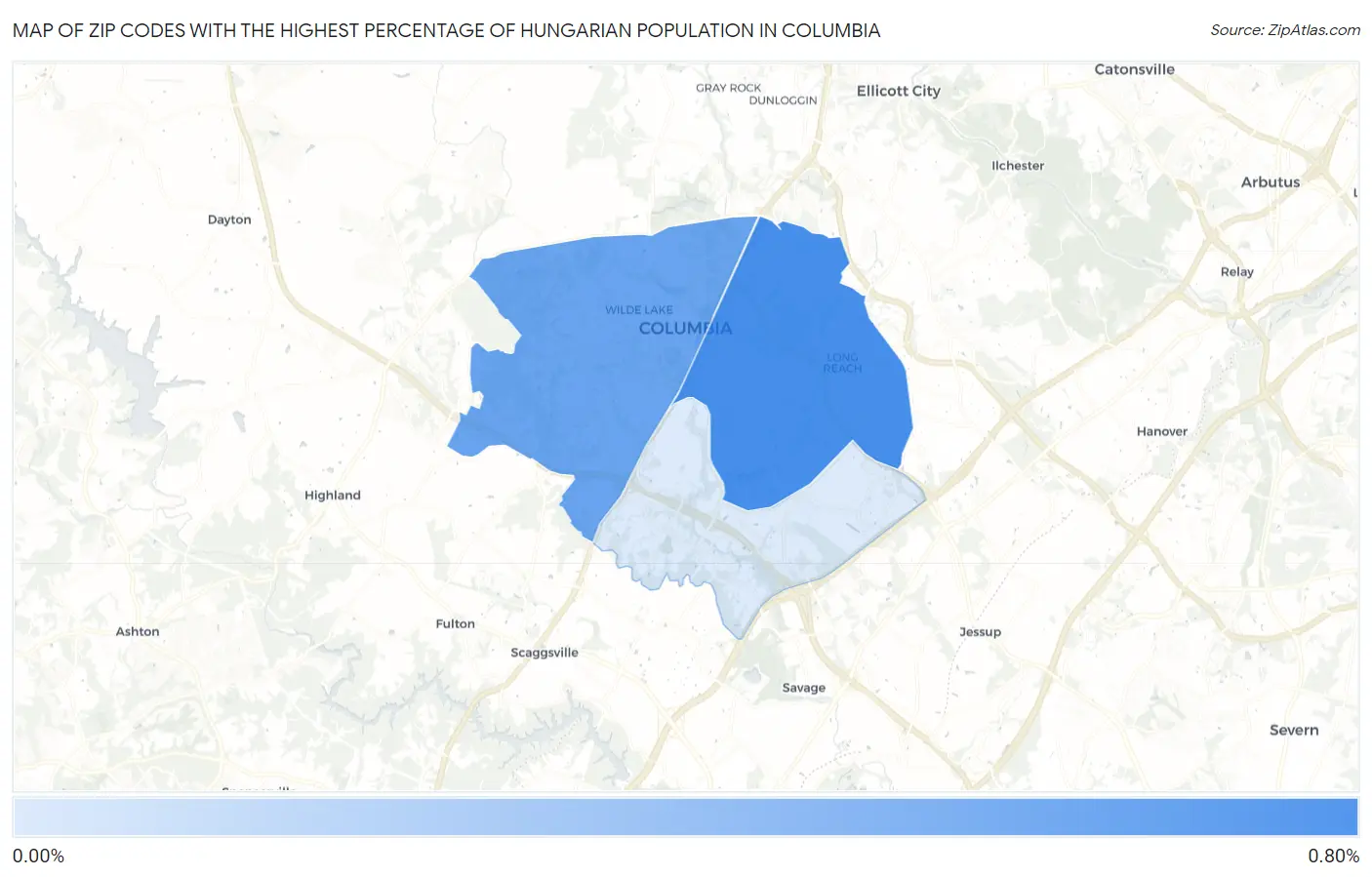Zip Codes with the Highest Percentage of Hungarian Population in Columbia Map