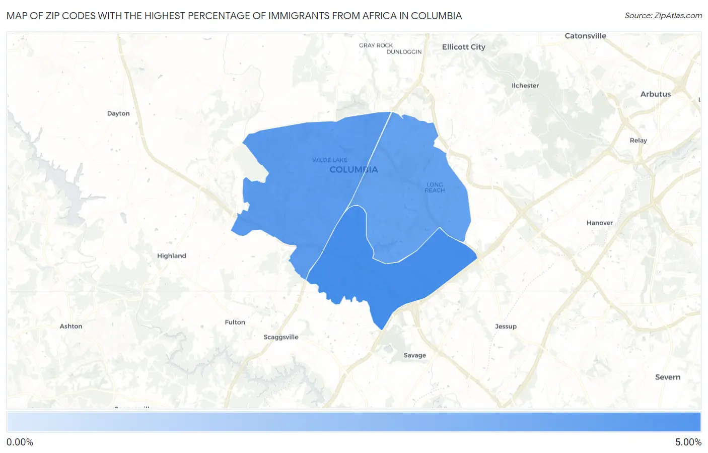 Zip Codes with the Highest Percentage of Immigrants from Africa in Columbia Map