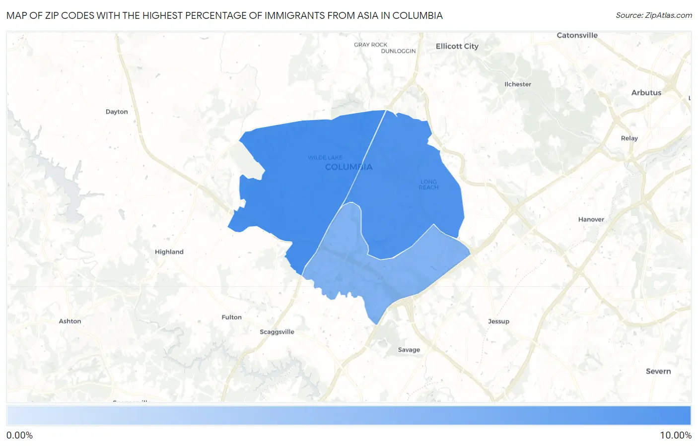 Zip Codes with the Highest Percentage of Immigrants from Asia in Columbia Map