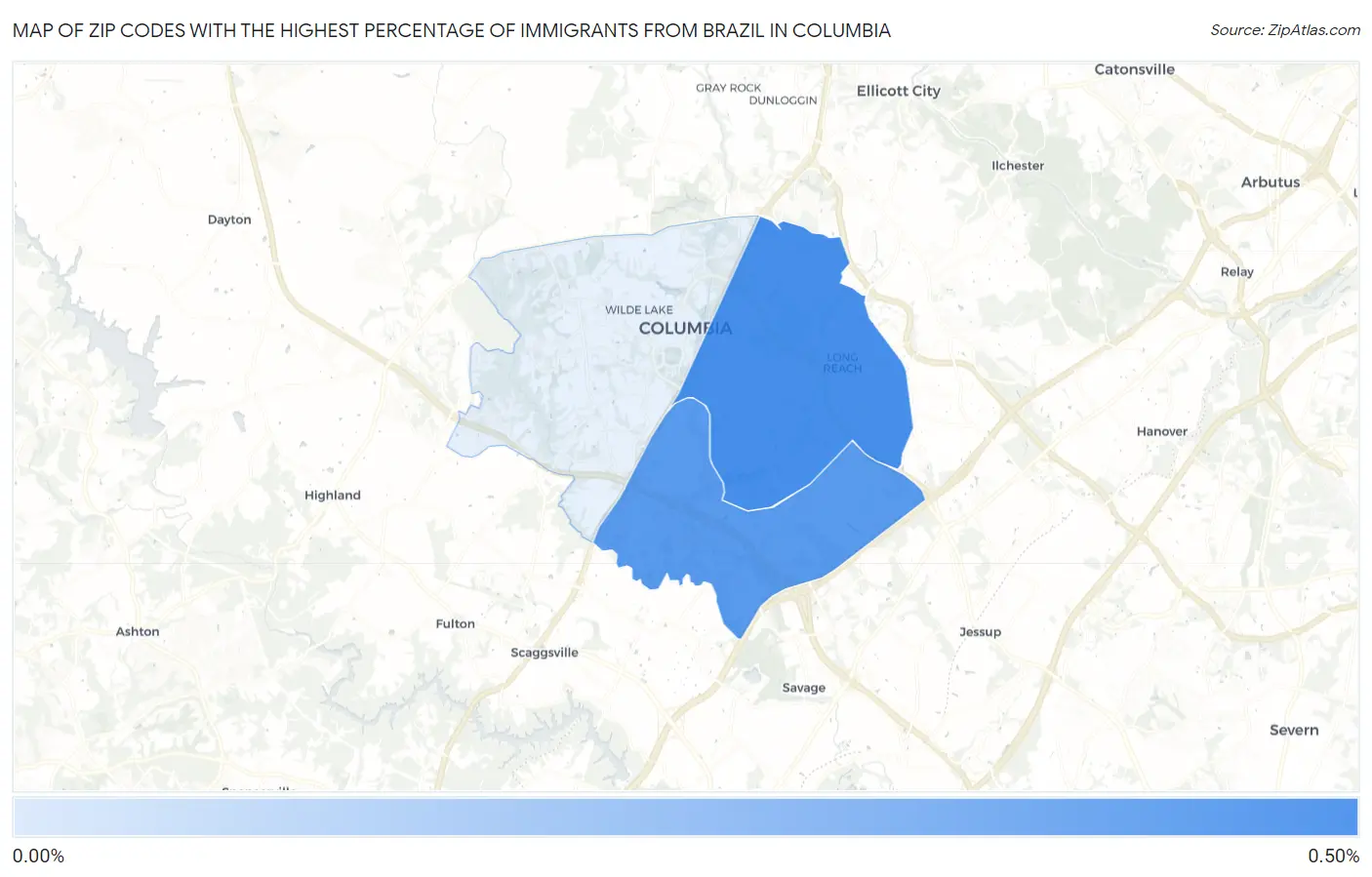 Zip Codes with the Highest Percentage of Immigrants from Brazil in Columbia Map