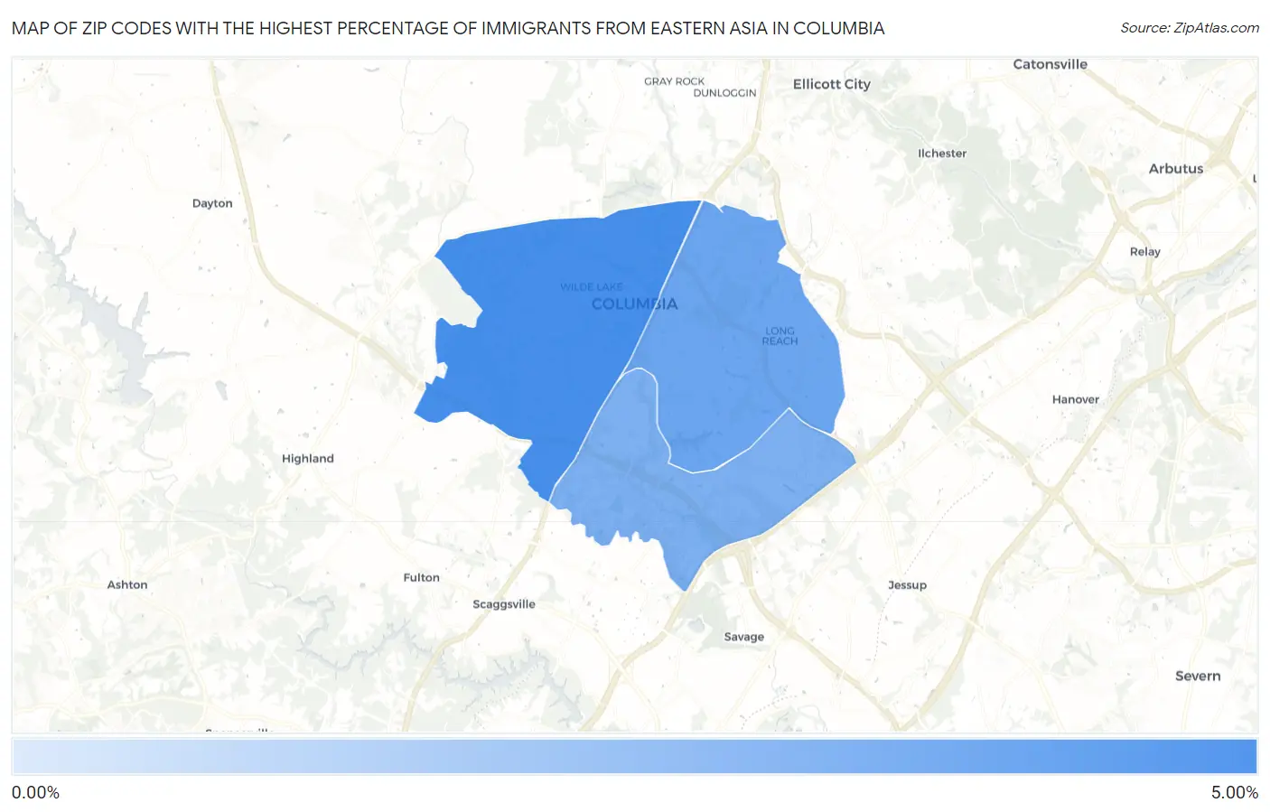 Zip Codes with the Highest Percentage of Immigrants from Eastern Asia in Columbia Map